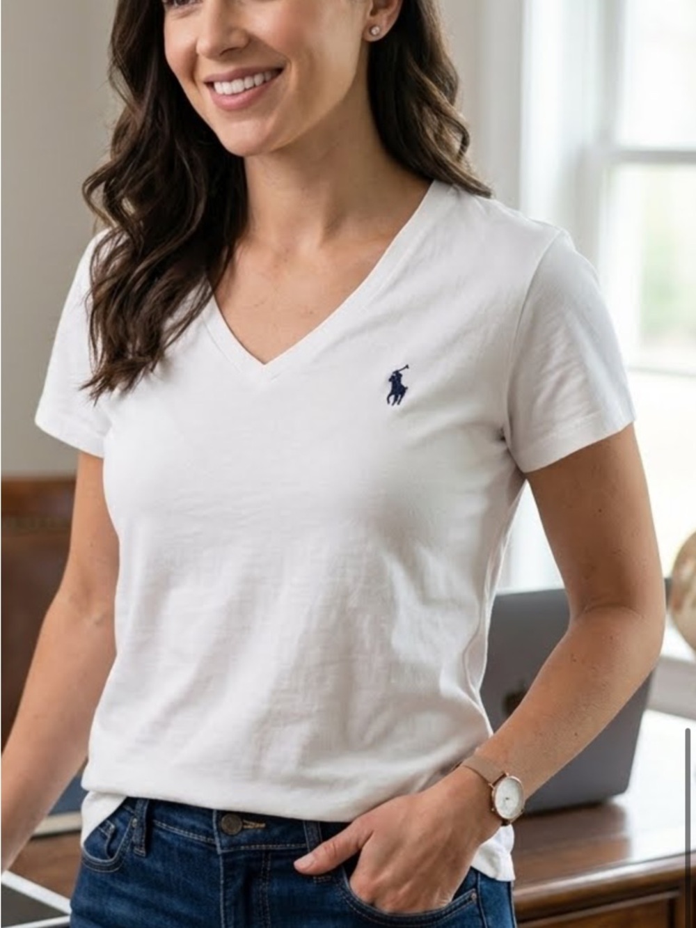 Ralph Lauren White V-Neck Tee with Navy Polo Logo